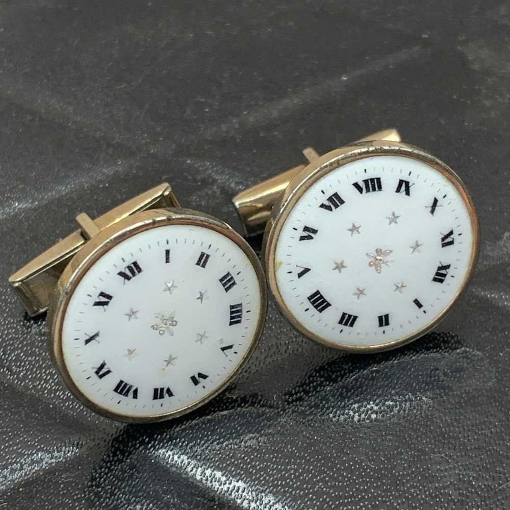 Vintage Made‎ In France Gold Tone Clock Face Butterfly Inlay Cufflinks Jewelry
